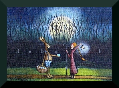 "Easter Eve Encounter," a tiny Easter Rabbit Eggs Moon Spring Print by Deborah Gregg