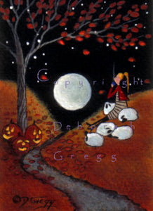 "Fall Leaves By Moonlight," a tiny PRINT Halloween Autumn Sheep Shepherdess Cocoa Moon by Deborah Gregg