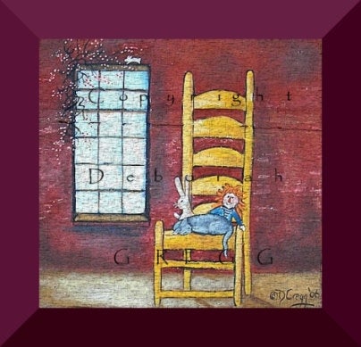 "Morning Light," a small Cat Raggedy Ann Stuffed Bunny Rabbit PRINT by Deborah Gregg