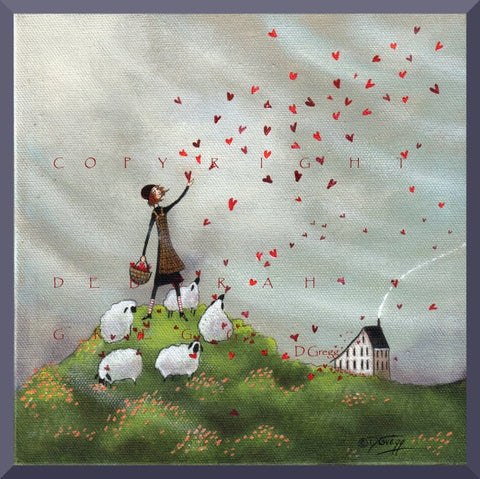 "Where She Goes Love Follows," a small Hearts Love Sheep Valentine Saltbox Print by Deborah Gregg
