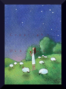 "The Cool Hours of Early Morning," a tiny Sheep Summer Stars Coffee Shepherdess PRINT by Deborah Gregg