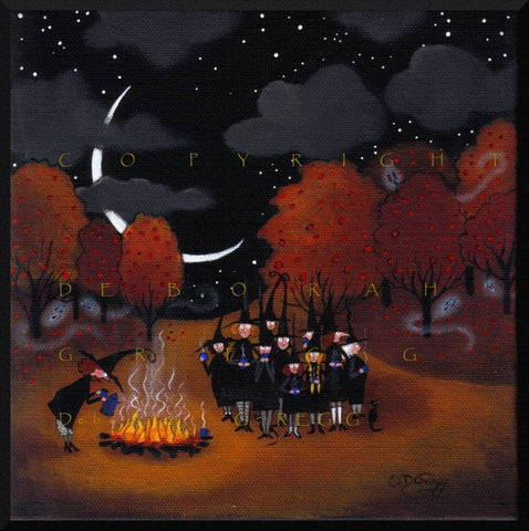 "Fright Night Clumping," a Small Halloween Witch Apple Orchard PRINT by Deborah Gregg