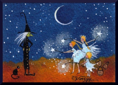 "The Power of Three," a Tiny Halloween Witch Fairy Trick or Treat PRINT by Deborah Gregg