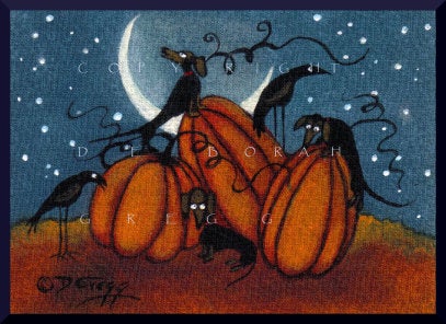 "Pumpkin Treasure," a tiny Dachshund Crow Pumpkin PRINT by Deborah Gregg