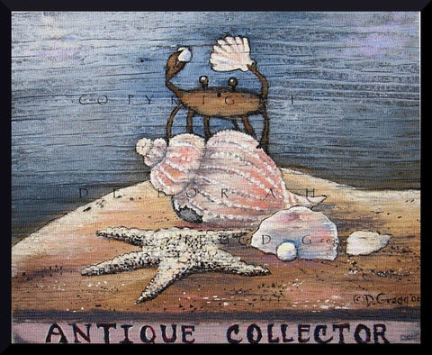 "Antique Collector," a small Crab Antiques Sea Shells Beach Print by Deborah Gregg