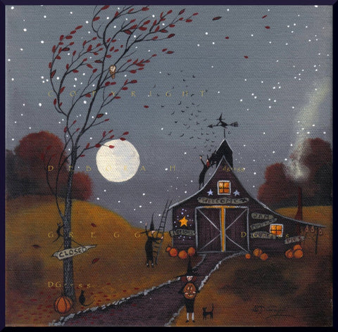 "Time To Let The Bats Out," a Small Halloween Witch Bat Pumpkins PRINT by Deborah Gregg