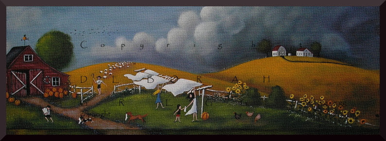 "Storm Coming!" A small Autumn Laundry Line Sheep Barn PRINT by Deborah Gregg