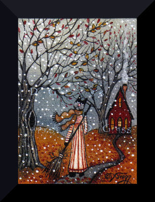"The Wild and Changing Skies of Autumn," a Tiny Aceo sized Cat Fall Leaves PRINT by Deborah Gregg