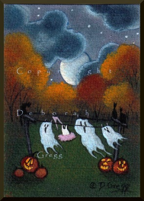 "Ghosts On The Line," a tiny Halloween Ghost Moon ACEO PRINT By Deborah Gregg