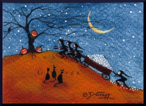 "Lost In Transit," a Halloween Marshmallow Haul Jack O Lanterns Moon Cats Tree Hill aceo PRINT by Deborah Gregg