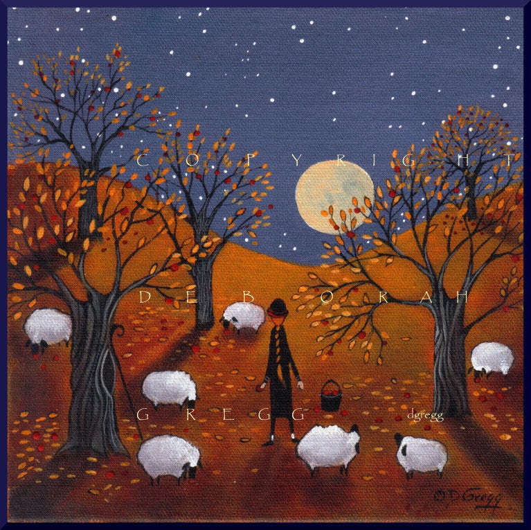 "Autumn Bliss," a Sheep Apple Orchard Full Moon PRINT by Deborah Gregg