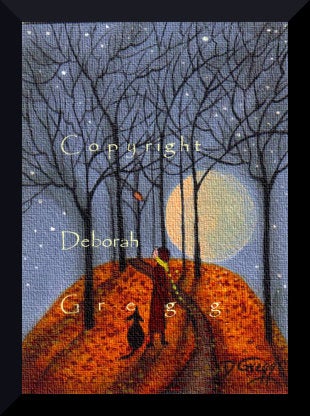 "One Last Leaf," a tiny aceo sized Autumn Leaves Fall Folk Art Print by Deborah Gregg