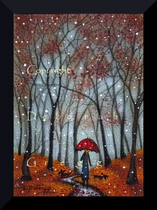 "Under A Red Umbrella," a Tiny ACEO Autumn Fall Leaves Snow PRINT by Deborah Gregg