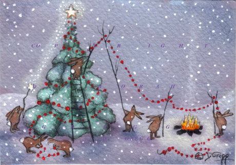 "Cranberries For Christmas," a tiny rabbit snow Christmas Tree cranberry Print by Deborah Gregg