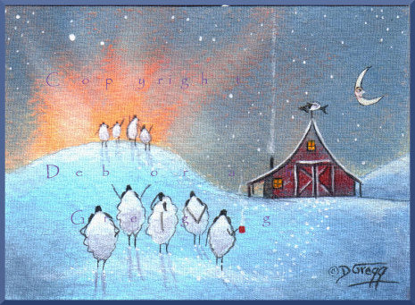 "A New Day, A New Year," a tiny Sheep Barn Sunrise Winter PRINT by Deborah Gregg