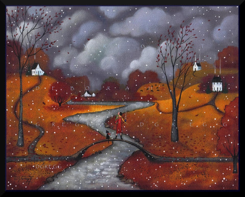 "Winter Sends a Greeting," a First Snow Autumn Fall Leaves Print by Deborah Gregg