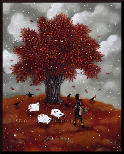 "Leaf Collectors," a Sheep Fall Leaves Crows Autumn Snow PRINT from the original by Deborah Gregg