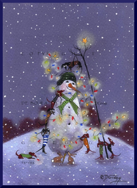 "Christmas Lights...On Everything!" A small Dachshund Christmas Snowman PRINT from the original by Deborah Gregg
