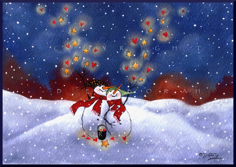 "Blessings And Love Are Coming Your Way," a Winter Snowman Hearts Stars Love PRINT by Deborah Gregg
