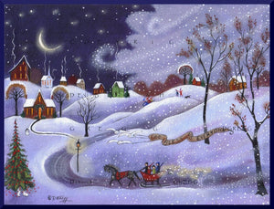 "In The Lane Snow Is Glistening," a Winter Lights Family Snow Squall Sledding Horse and Sleigh PRINT by Deborah Gregg