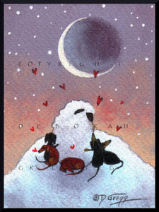 "Love Times Five," a tiny Sheep Dachshunds Moon Winter Snow PRINT by Deborah Gregg