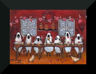 "Valentines Cupcake Assembly Line," a Tiny Sheep Cupcakes Barn Hearts Chickens Love PRINT by Deborah Gregg