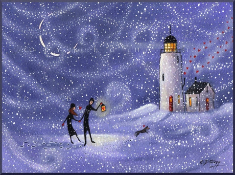 "Stronger Together," a small Love Lighthouse Snow Storm Dog Wind PRINT by Deborah Gregg