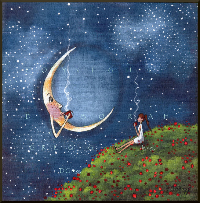 "Bending The Moons Ear," a small Friends Moon Coffee Break Poppy Field Spring PRINT by Deborah Gregg