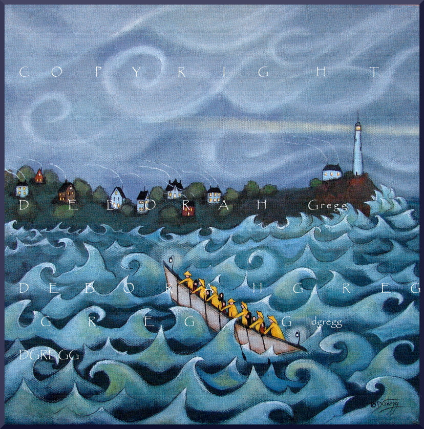"Pull For The Shore!" a Nautical Lighthouse Ocean Rescue Faith Seaside Folk Art PRINT by Deborah Gregg