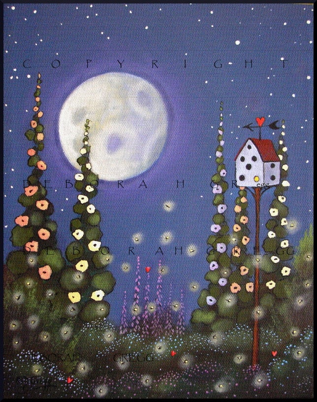 "Light Up For Love," a Summer Night Fireflies Lightning Bugs Moon PRINT by Deborah Gregg