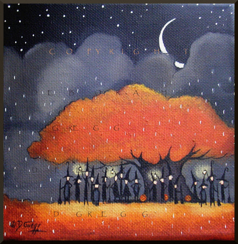 "Grounded," a small Witch Halloween Fall Tree Moon Rain PRINT by Deborah Gregg