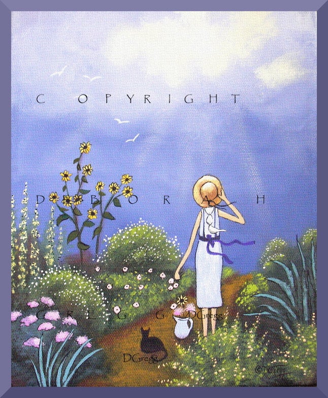 "Summer Rains," a small Rain Clouds Garden Cat Flowers PRINT by Deborah Gregg