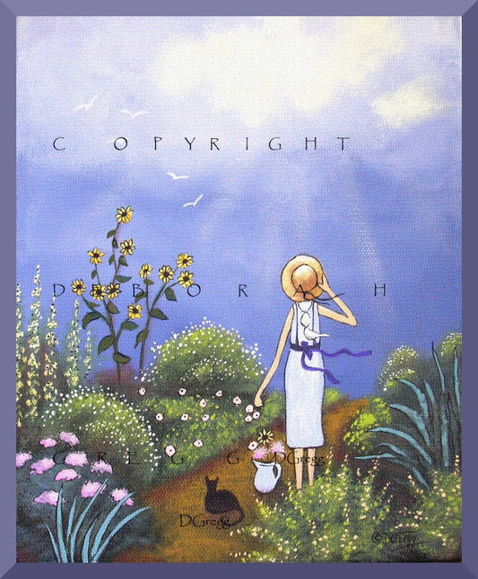 "Summer Rains," a small Rain Clouds Garden Cat Flowers PRINT by Deborah Gregg