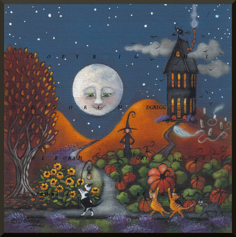 "The Pumpkin Heist," a small Pumpkin Witch Cats PRINT by Deborah Gregg