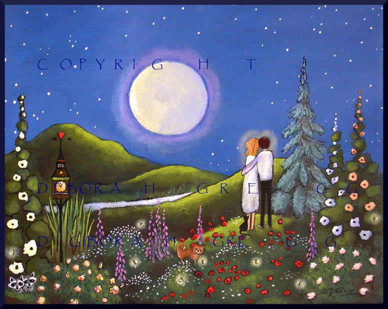 "Soul Mates," a small Summer Love Flower Garden Yorkie Moon PRINT by Deborah Gregg