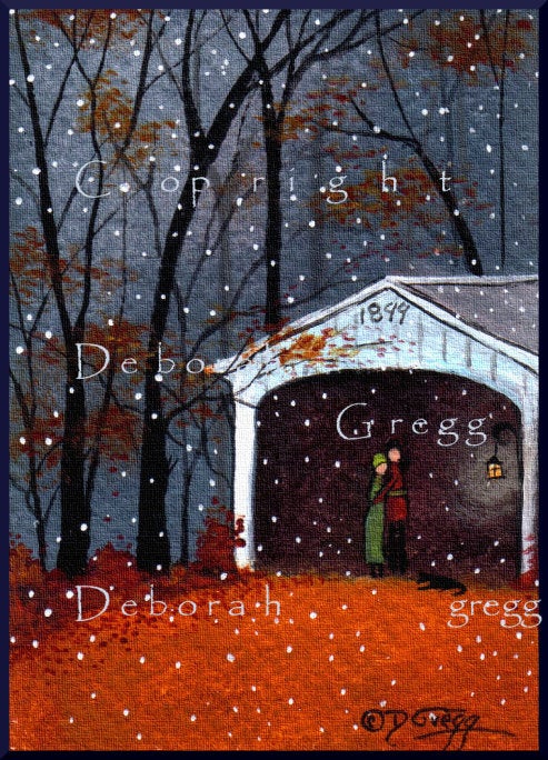 "November Snowflakes," a tiny Autumn Covered Bridge Fall leaves PRINT by Deborah Gregg