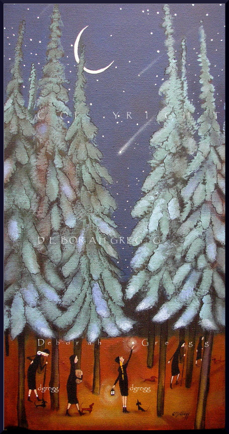 "Believe In Possibilities," a Fall Woods Falling Stars Moon PRINT by Deborah Gregg