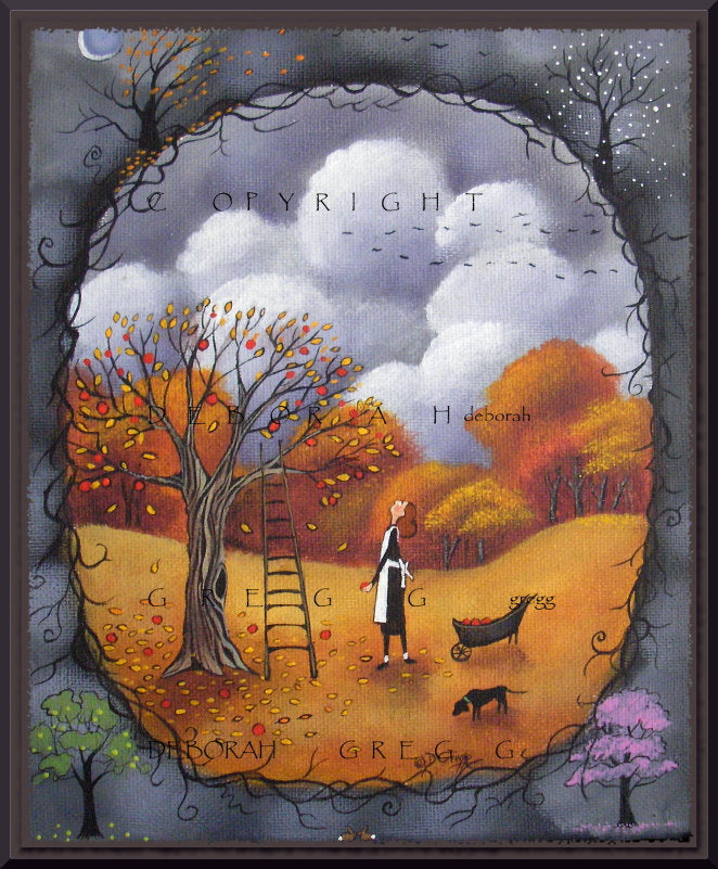 "Autumn Harvest," a small Fall Apple Picking Stormy October Skies Print by Deborah Gregg