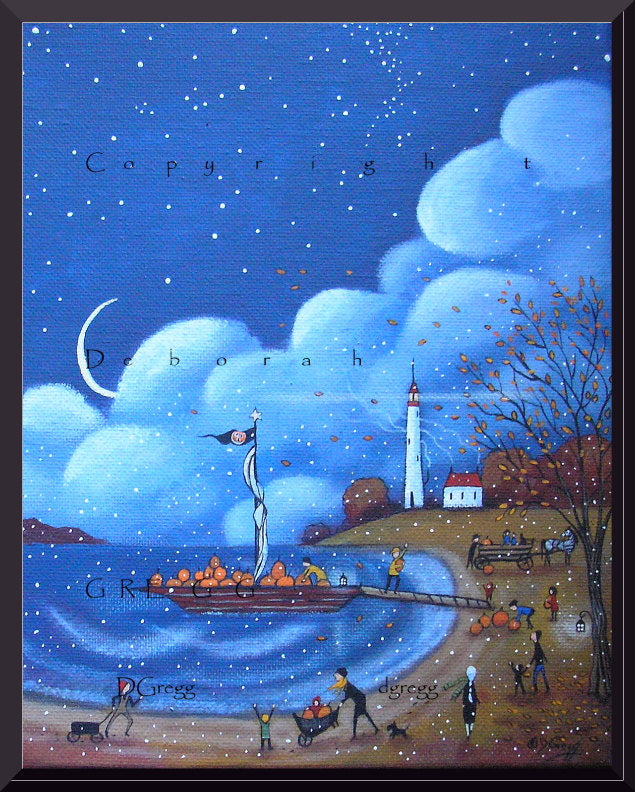 "Pumpkins For Gull Island," a small Autumn Lighthouse Print by Deborah Gregg