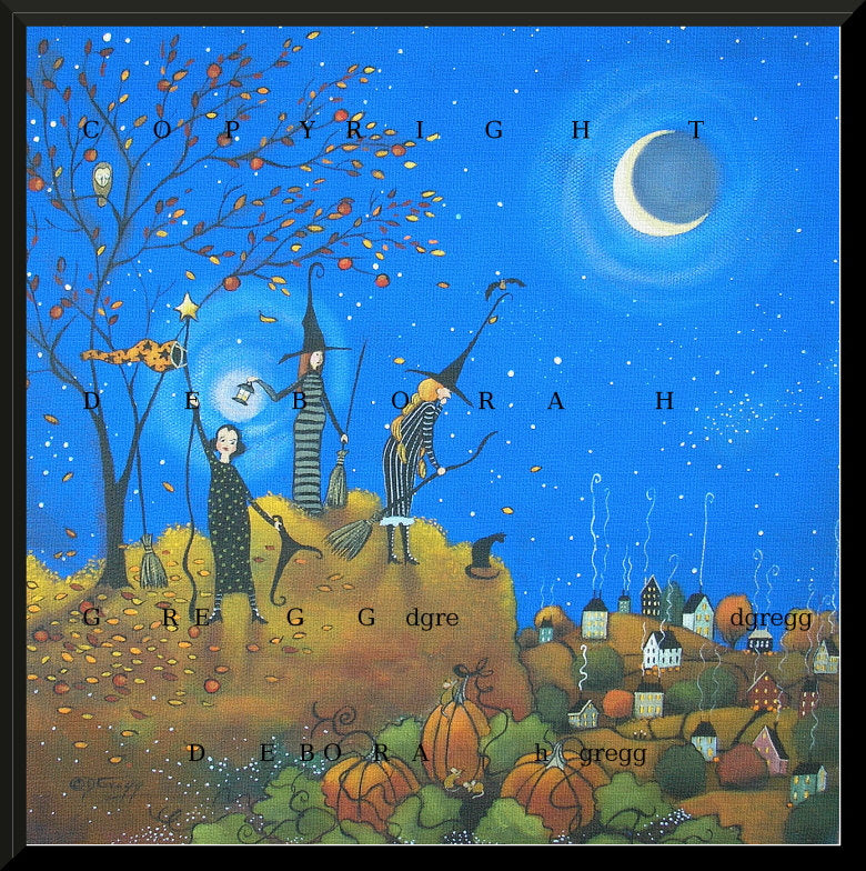 "Halloween Flight Hours," a Witch October Night Moon Stars Pumpkins PRINT by Deborah Gregg