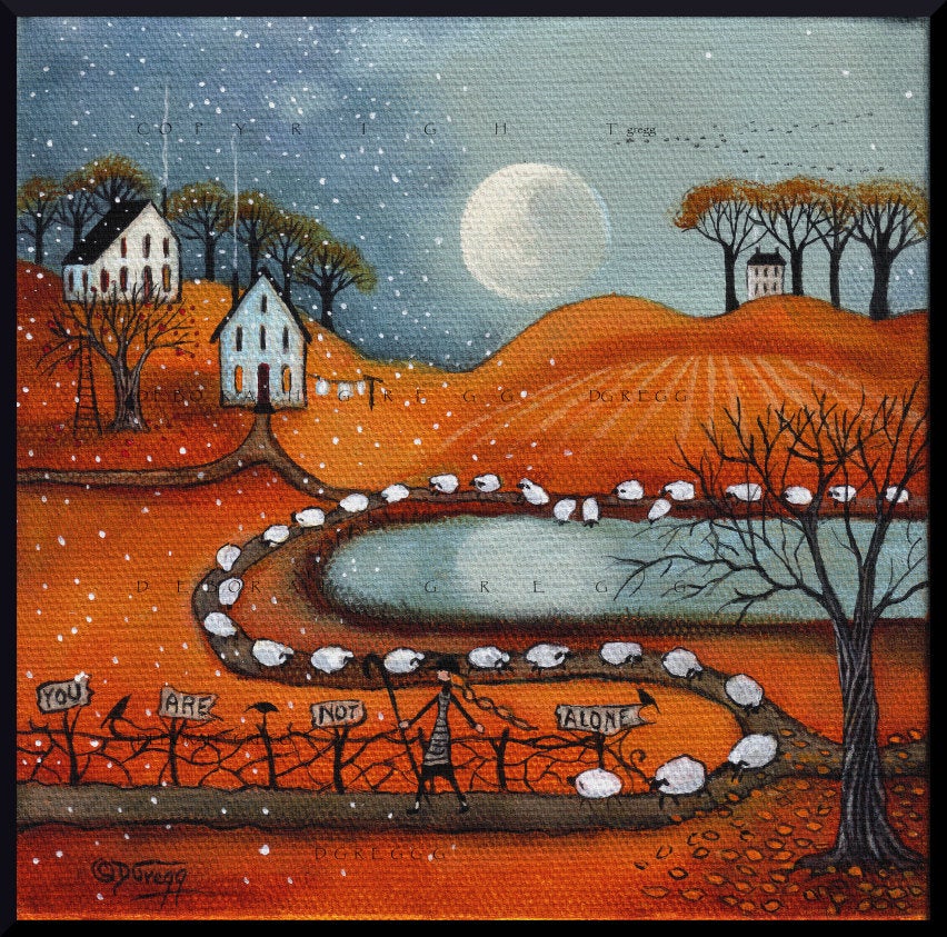 "You Are Not Alone," a Shepherdess Sheep Fall Full Moon PRINT by Deborah Gregg