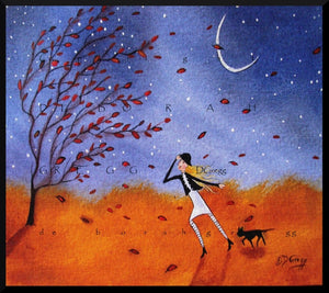 "Against The Wind," a Small Autumn Winds Fall Leaves Black Cat Folk Art PRINT by Deborah Gregg