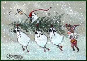"Christmas Spirit In A Snow Storm," a Tiny Sheep Christmas Tree Blizzard Elf Print by Deborah Gregg
