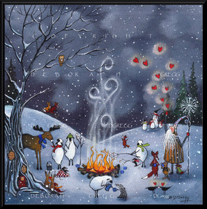 "Winter Friends," Sheep Crows Moose Badger Rabbits Dachshunds Old Man Winter Fox Valentine Hearts PRINT by Deborah Gregg