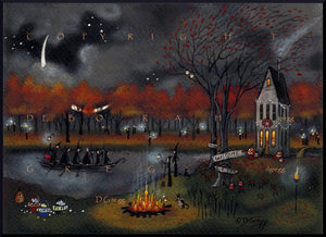 "Marshmallow Meeting," a Halloween Witch Marshmallow Roast Black Cats Jack o Lanterns River Bonfire Folk Art Print by Deborah Gregg