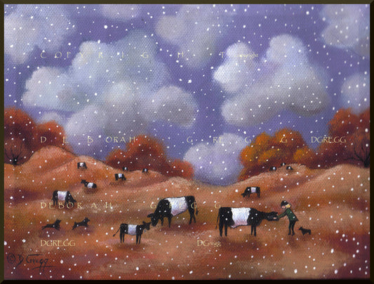 "Irish Ladies," a Cows Irish Oreo Cookie Cow Autumn Skies Fall Print by Deborah Gregg