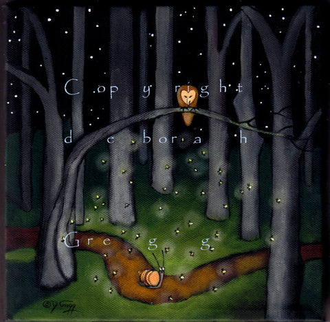 "Help Comes When You Least Expect It," a Snail Lightning Bugs Fireflies Barn Owl Woods PRINT by Deborah Gregg