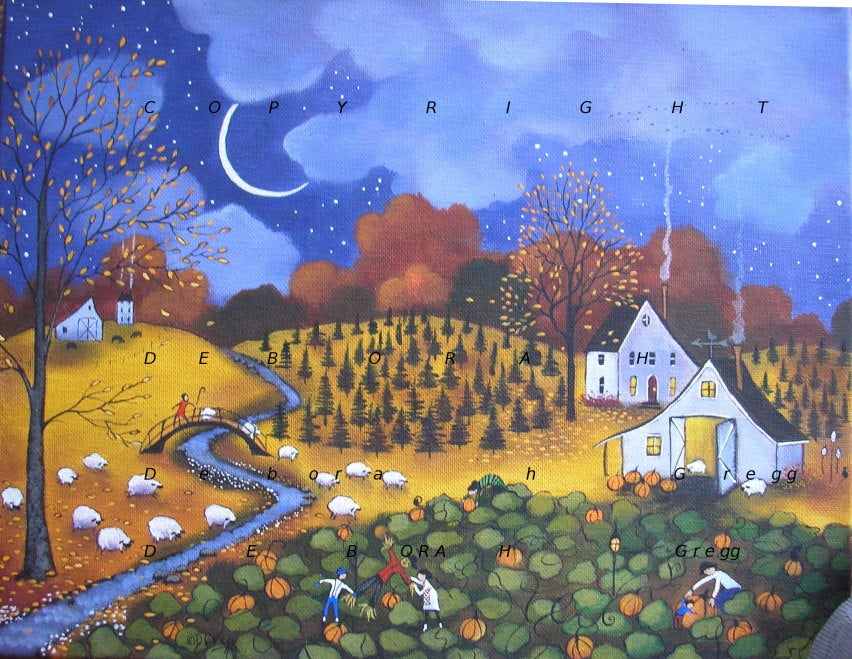 "First Frost," an Autumn Pumpkin Patch Frosty Fall Night PRINT by Deborah Gregg