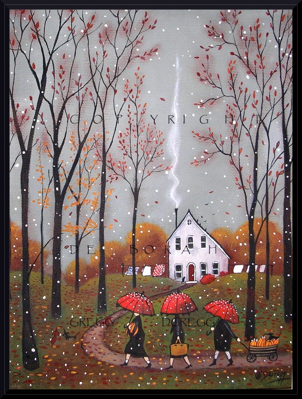 "Pumpkins For Pie," a Small Autumn Pumpkin Fall Leaves Red Umbrella PRINT by Deborah Gregg
