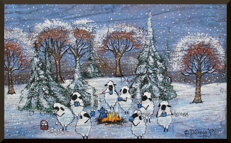 "Good Friends, Cocoa and Marshmallows," a small Sheep Winter Snow Cocoa Campfire PRINT by Deborah Gregg